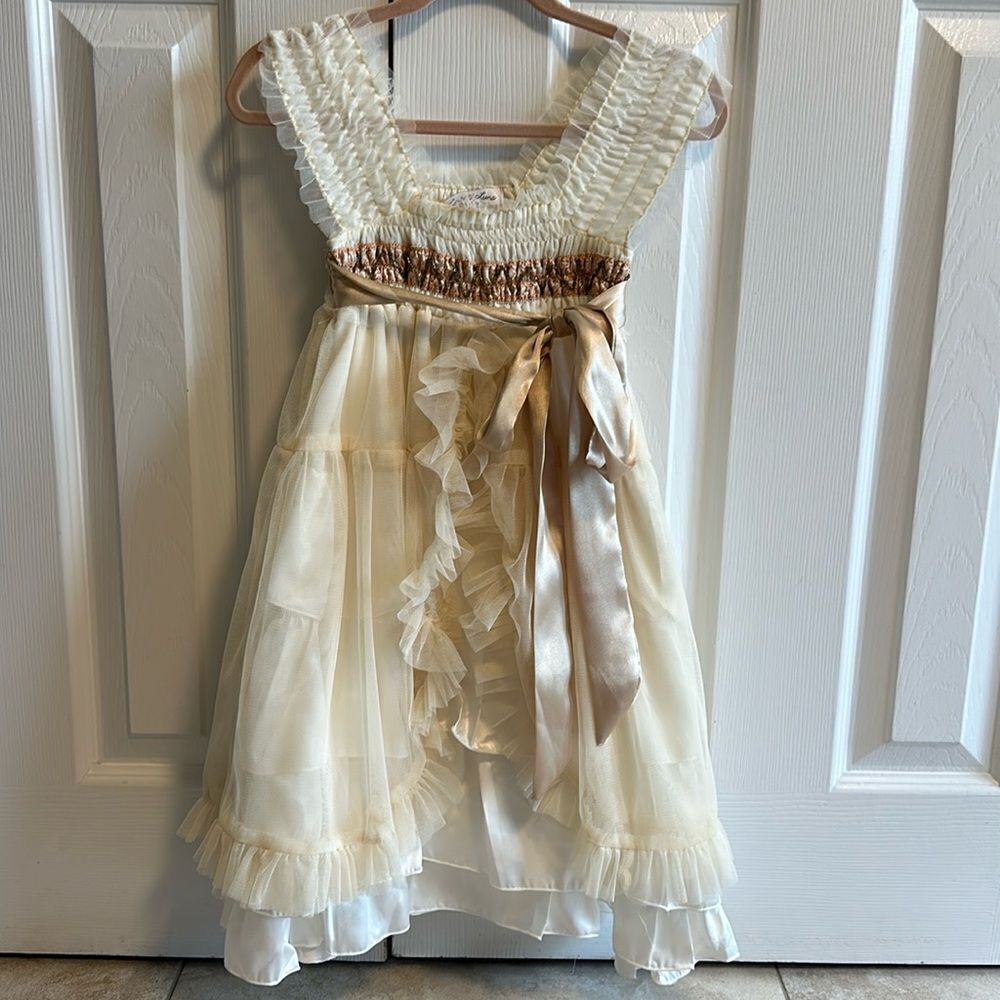 Luna Luna Girls Dress Ivory Tan Ruched Bodice Embroidered Band Layered Ruffles 4